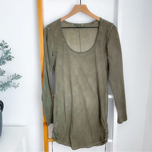 PAM & GELA Ruched Side Tie Bodycon Mini Dress Shirred Scoop Neck Cotton Olive - Picture 3 of 14